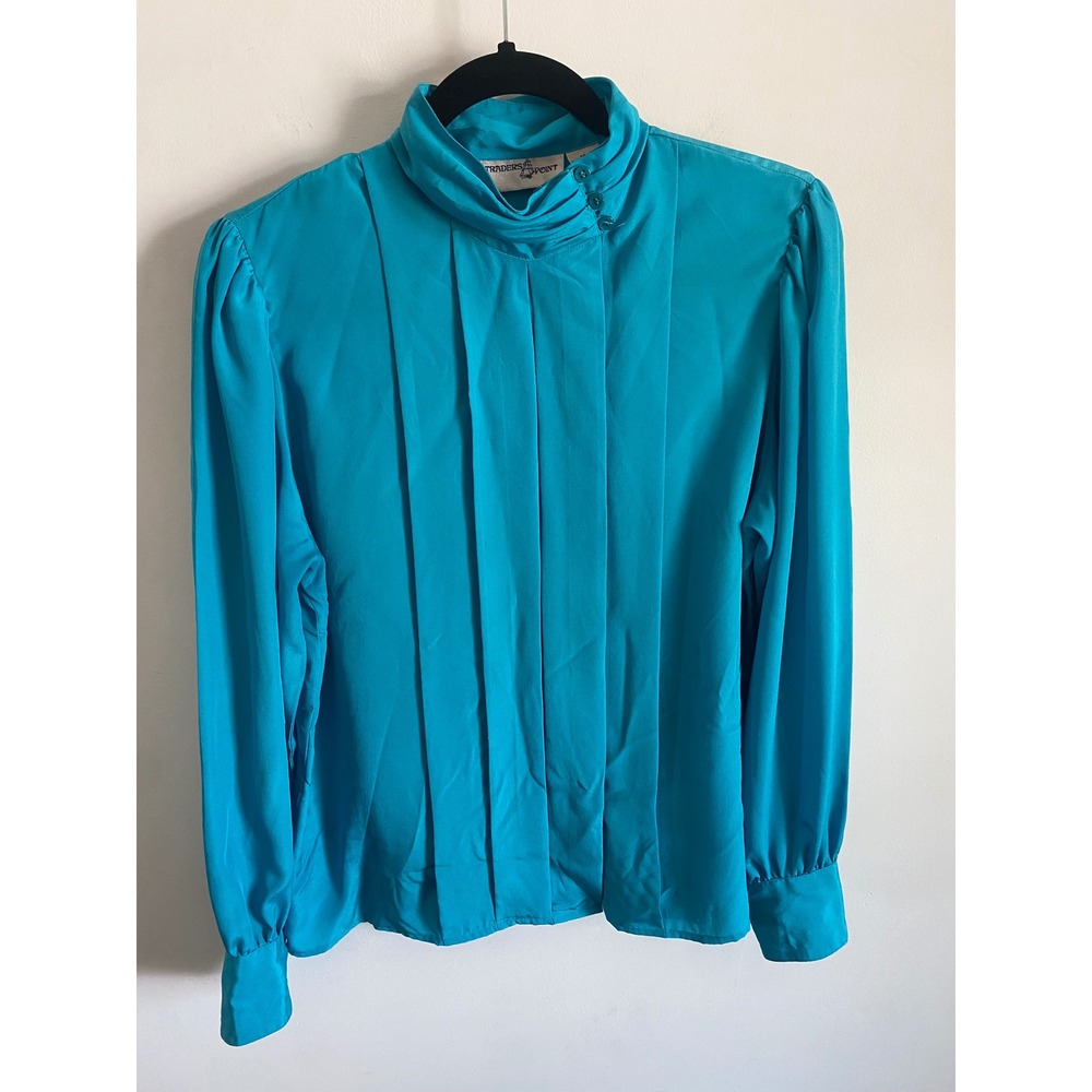 Traders Point Vintage Turquoise Pleated Mock Neck Blouse Womens 10 Blue 80s Top